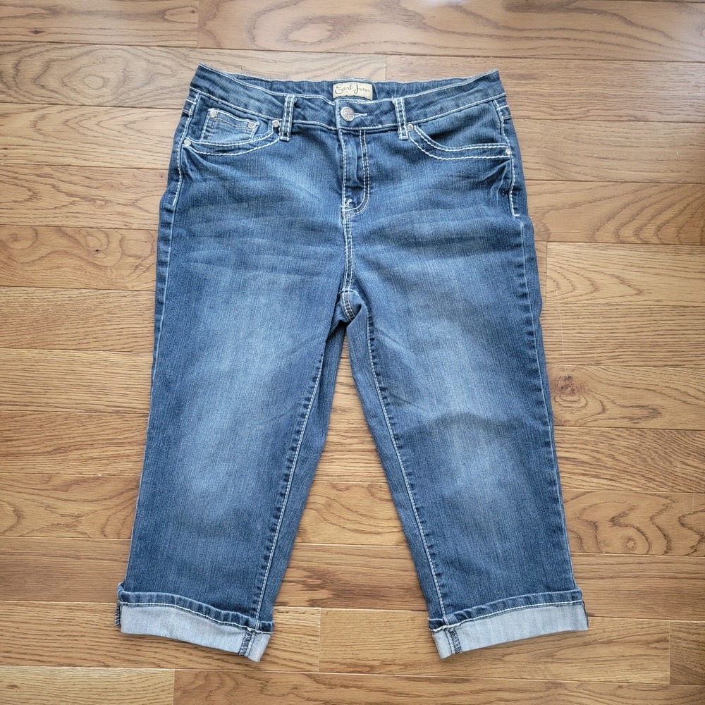 Earl Capri Jeans Womens Size 10 Blue‎ Stretch Denim Cuffed BLING Pockets